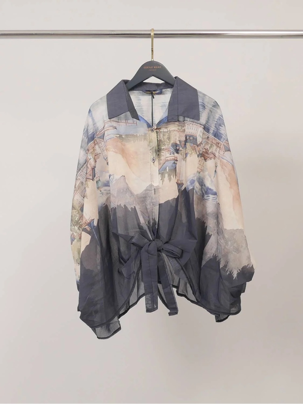 Made In Italy Blue Scenic Print Tie-Front Blouse